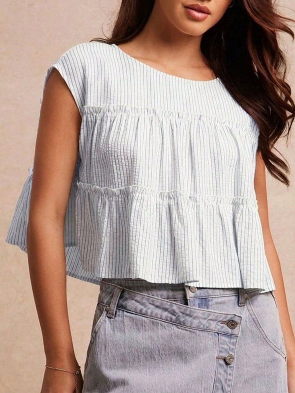 Blue And White Casual Women's Striped Woven Round Neck Cap Sleeve Ruffle Top - Picture 3 of 5